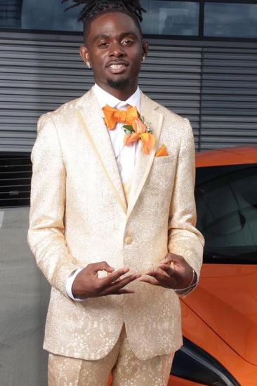 Fancy Champagne Slim Jacquard Notched Lapel Two Pieces Prom Suits_2