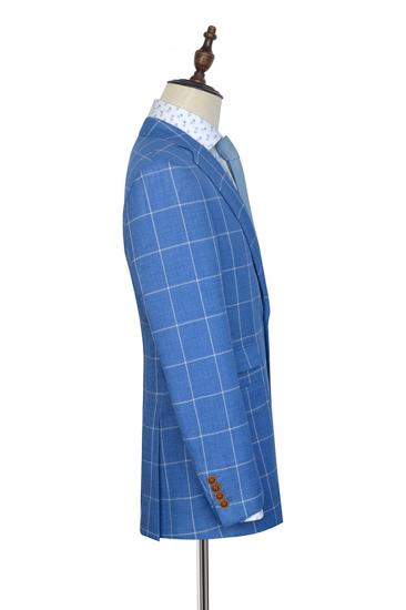 Modern Notch Lapel Two Button Blue Mens Suit |  Three Flap Pocket Check Casual Set_3