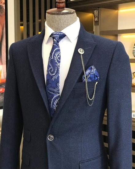 Navy One Button Lapel Collar Mens Wool Blend Business Suit | Mens Two Piece Suit_2