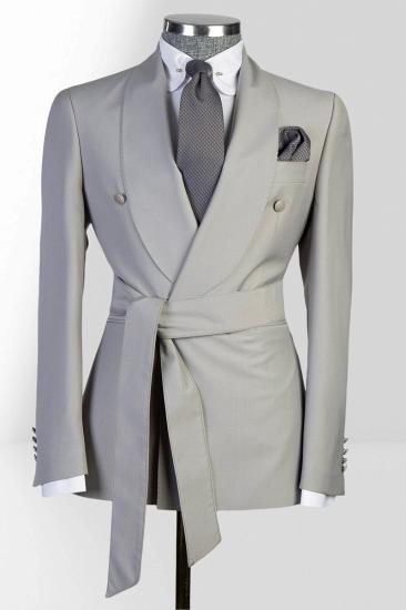 Grey Slim Fit Double Breasted Shawl Collar Men Two Piece Tuxedo | With Belt_1