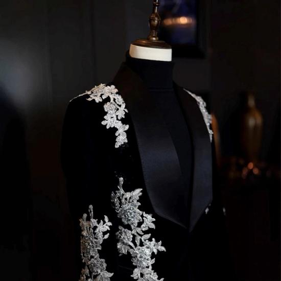 Luxury Black Velvet Tuxedo Jacket with Silver Floral Embroidery for Men - Perfect for Weddings & Prom & Formal Events_3