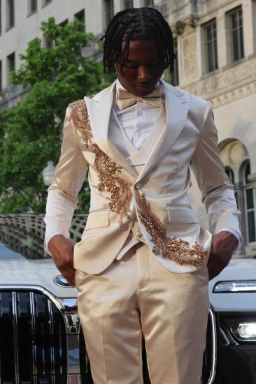 Charming Champagne Satin Peaked Lapel Three Pieces Prom Suits With Beading_2