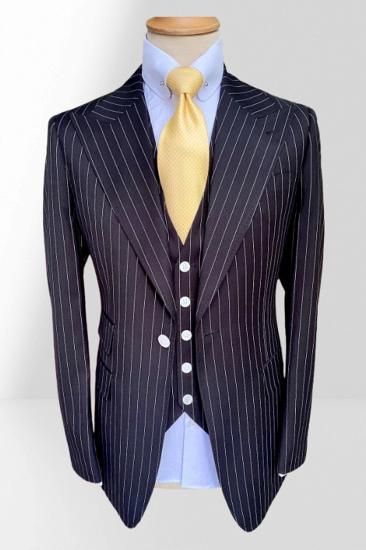 Clark Slim Black Three Pieces Striped Peaked Lapel Formal Business Suits_1