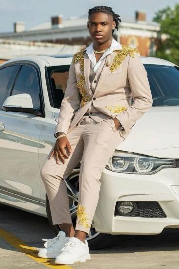 Men's Beige 3-Piece Suit with Gold Embroidery Custom Prom Tuxedo for Weddings & Formal Events