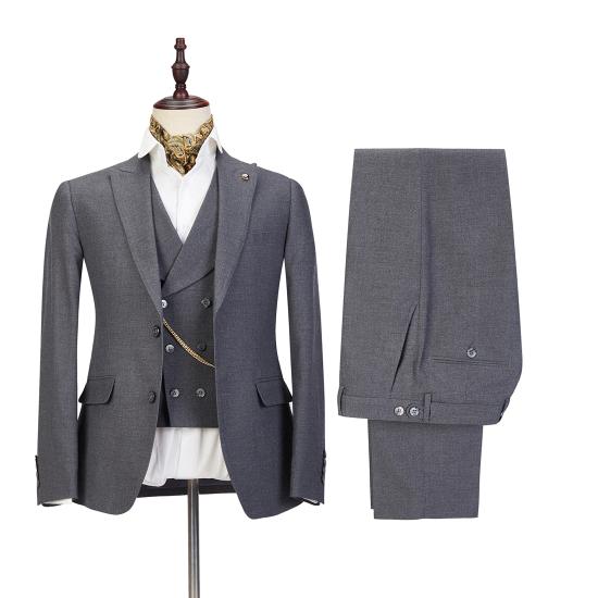 Mark Three Pieces Peaked Lapel Gray Business Men Suits_2