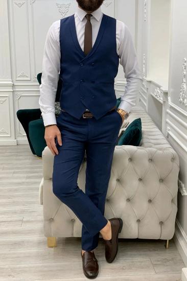 Navy Blue Slim Fit Wool Blend Single Button Mens Three Piece Suit_3