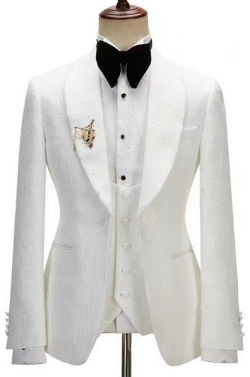 Gentle White Jacquard Shawl Lapel Three Pieces Wedding Suits | White Wedding Suits_1