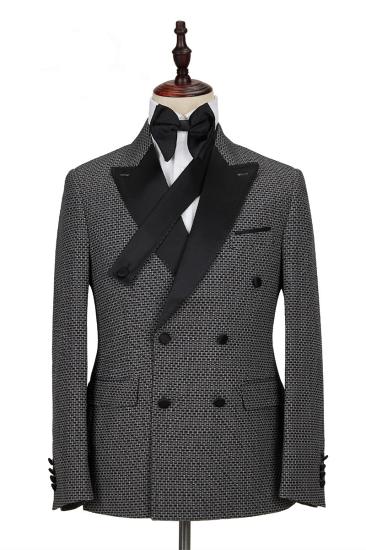Modern Black-and-Gray Cruciform Satin Peak Lapel Double Breasted Mens Formal Suit