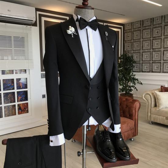 Owen Black Three Piece Wool Blend Peak Lapel Slim Fit Business Suit Men_5