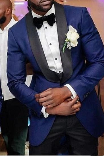 Navy Three Piece Wedding Groomsmen Suit Black Shawl Lapel