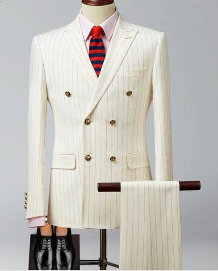 Beige Peak Lapel Double Breasted Tuxedo |  Formal Striped Business Mens Suits 2 pcs_2
