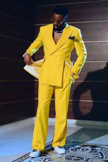 Brady Yellow Peaked Lapel Double Breasted Prom Suits With Front Vents_1