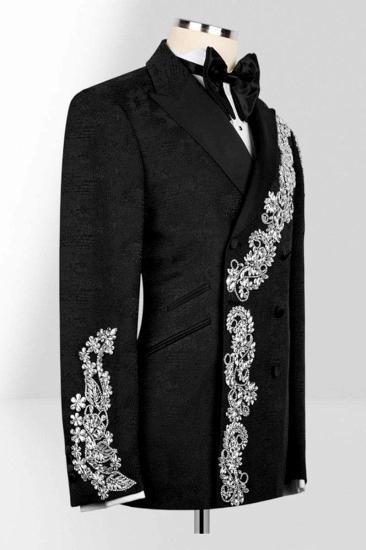 Men's Black Double-Breasted Tuxedo with Silver Embroidery Custom Prom Suit for Weddings & Formal Events_2