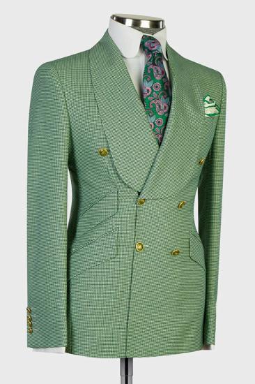 Brady Jam Green Shawl Lapel Double Breasted Plaid Mens Two Pieces Prom Suits_2