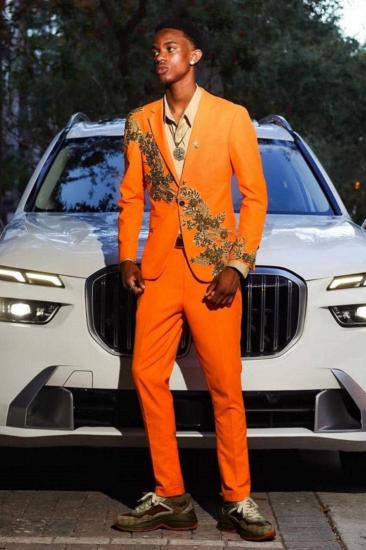 Orange Notched Lapel One Button Prom Suits With Golden Appliques | Men's Formal Wear_1