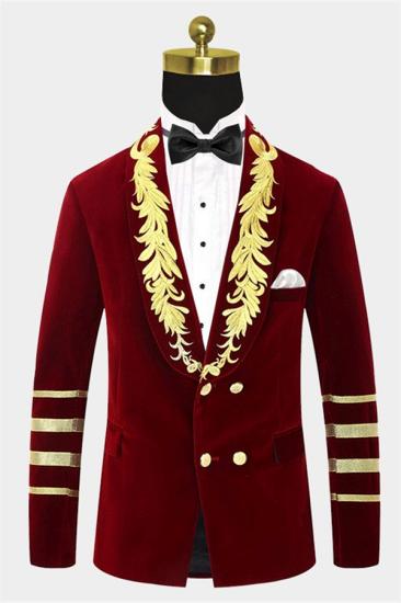 Burgundy Velvet Boyfriend Blazer | Gold Embroidered Tuxedo Jacket for Prom_1