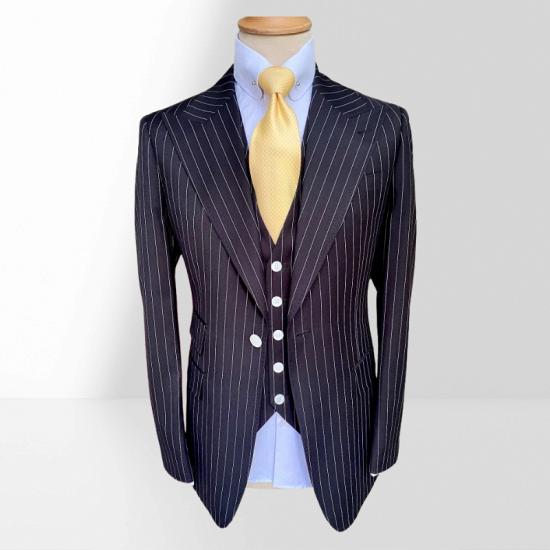 Clark Slim Black Three Pieces Striped Peaked Lapel Formal Business Suits_2