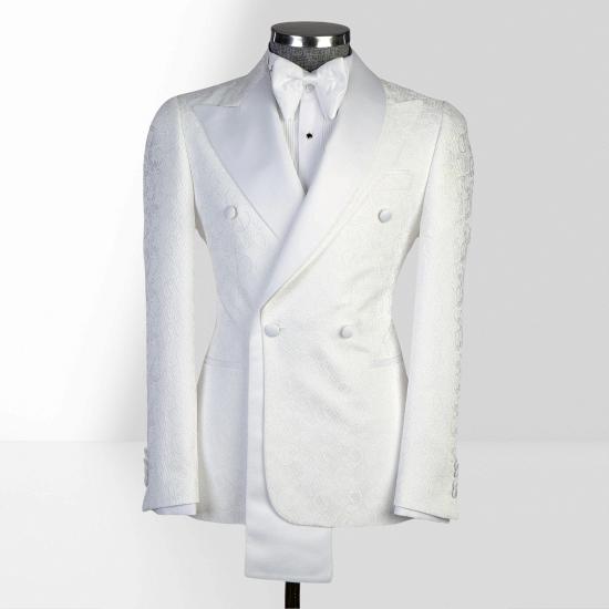 Brady White Jacquard Double Breasted White Peak Collar Mens Wedding Tuxedo_2