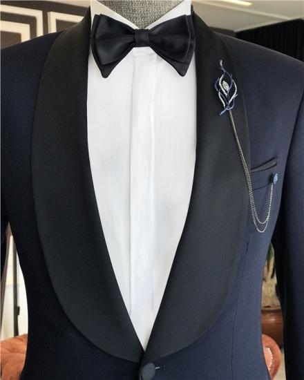 Allan Dark Navy Fashion Black Shawl Lapel One Button Wedding Men Suits_3