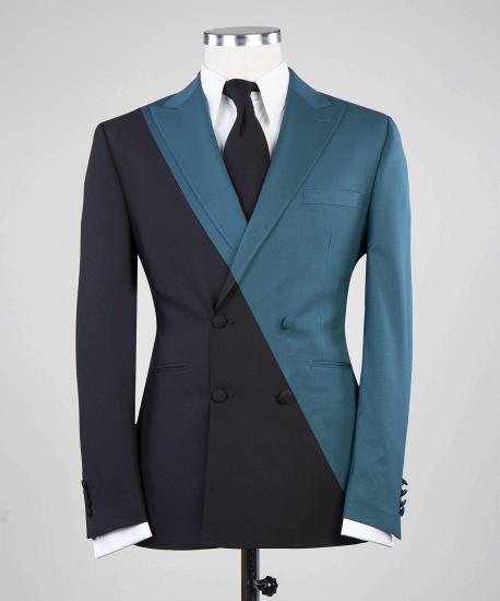 Modern Gray Blue And Black Double Breasted Men Ball Suit With Peak Collar_3