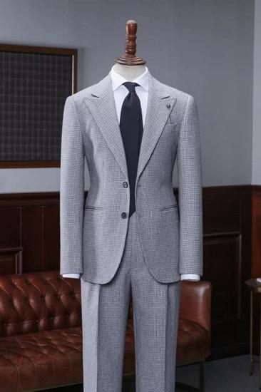 Stylish Grey Houndstooth Peak Lapel Single Breasted Mens Business Suit_1