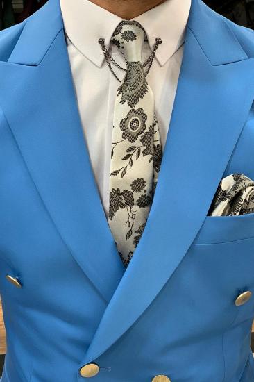 Blue Slim Fit Wool Men Double Breasted Two Piece Wedding Suit | Metal Buttons With Silk Lining_4