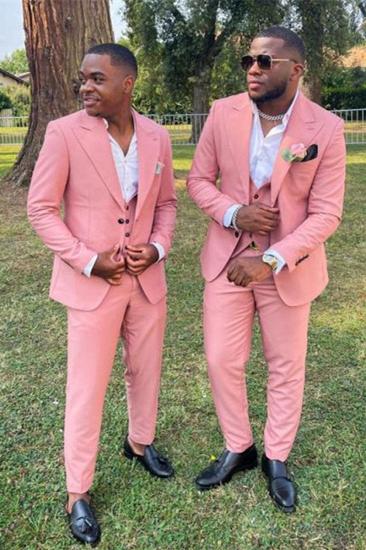 New Christopher Pink Three Piece Pointed Lapel Wedding Groomsmen Suit_1