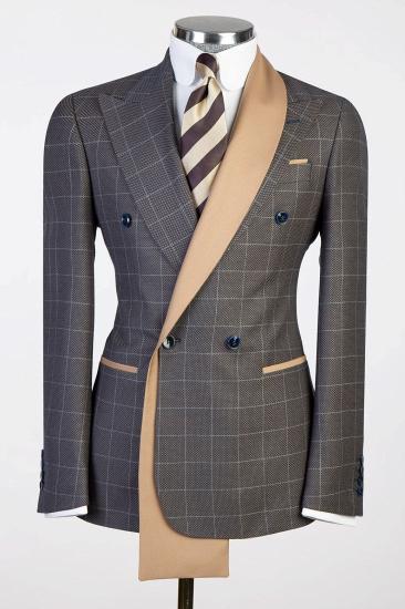 Slim Fit Dark Gray Plaid Double Breasted Satin Lapel Business Two Piece Suit
