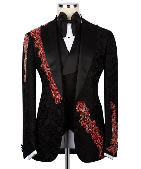 Black Jacquard Three Piece Tuxedo with Red Beaded Embroidery | Bradymensuit_1