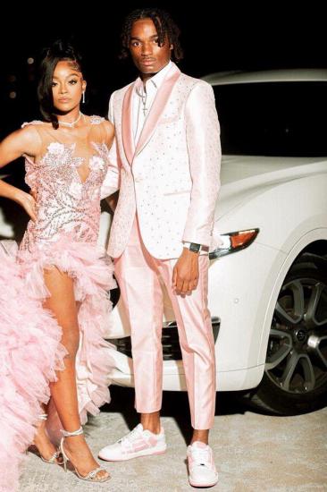 Elegant Pink Jacquard Shawl Lapel Beading Two Pieces Prom Suits_1