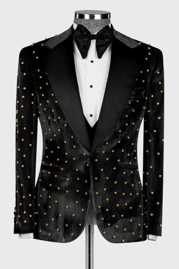 Brady Black Velvet Three Piece Gold Beadings Men Dinnig Suits_2