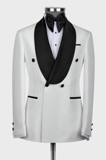 White Two-Piece Black Shawl Lapel Double Breasted Wedding Suit_1