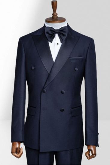 Navy Blue Peak Collar Double Breasted Men Peak Collar Two Piece Suit_1