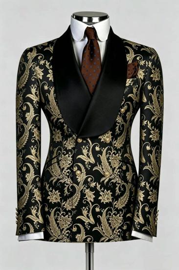 Black Gold Paisley Jacquard Double-Breasted Tuxedo Suit for Men_1