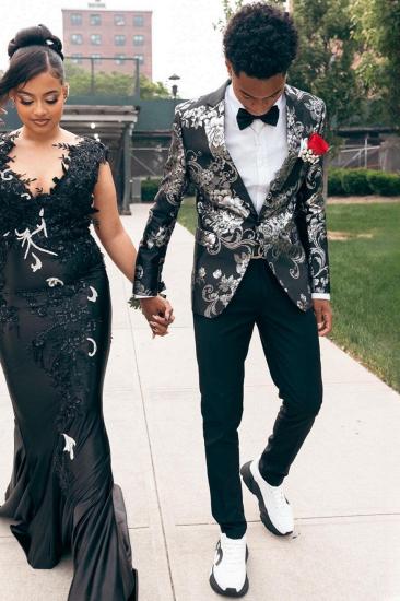 Eden Modern Black Peaked Lapel Single Button Jacquard Two Piece Prom Suit_1