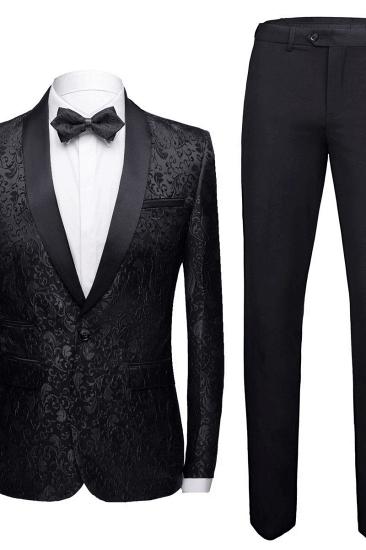Black Jacquard Shawl Lapel Mens Suit | Unique Slim Two Piece Wedding Groom Tuexdos_3
