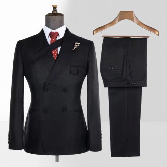 Tony Black Men Peak Collar Slim Fit Double Breasted Two Piece Business Suit_2