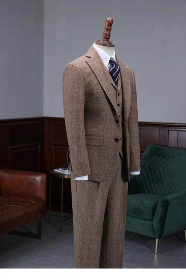 Stylish Notch Lapel Khaki Wool Plaid Three Piece Men's Business Suit_3