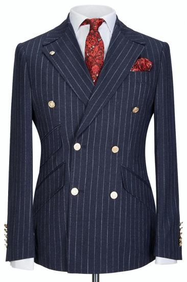 Navy Blue Lapel Gold Button Double Breasted Striped Men Two Piece Suit_1