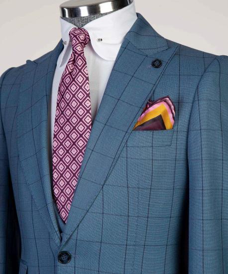 Fashion Blue Plaid Slim Fit Peaked Lapel Three Pieces Men Suits_2