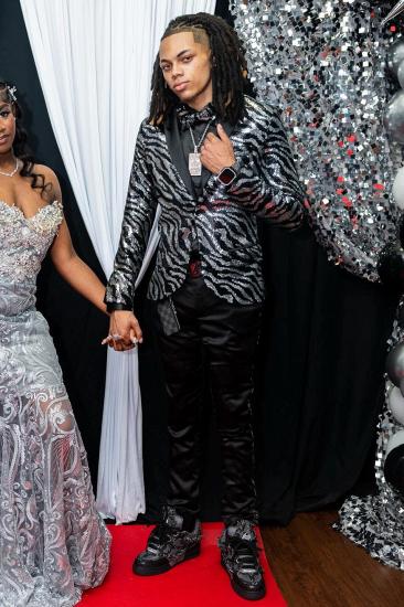 Jeffrey Modern Silver Sequins One Button Prom Suit With Satin Shawl Lapel | Men's Formal Wear_1