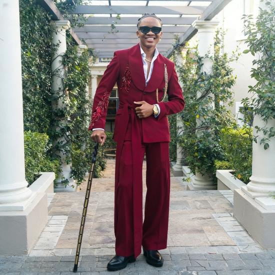 Knight Burgundy Shawl Lapel Beaded Prom Suit With Long Sash | Bradymensuit_3