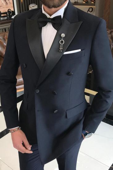Trendy Dark Navy Men's Wedding Tuxedo | Black Satin Lapel Prom Suit_3