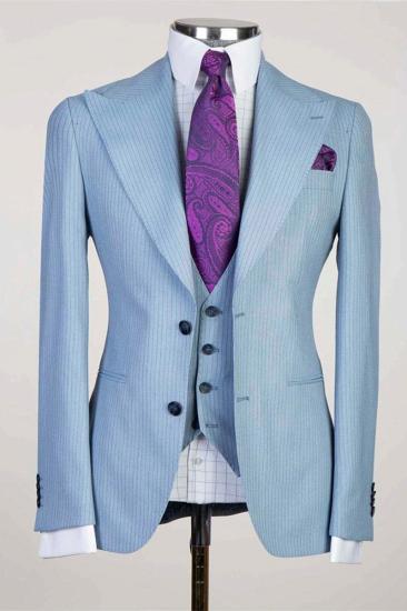 Sky Blue Striped Pointed Lapel Three Piece Men Business Suit