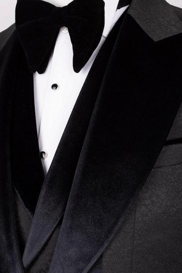 Black Jacquard Wedding Suit with Black Peak Collar Velvet Groom Three Piece Suit_5
