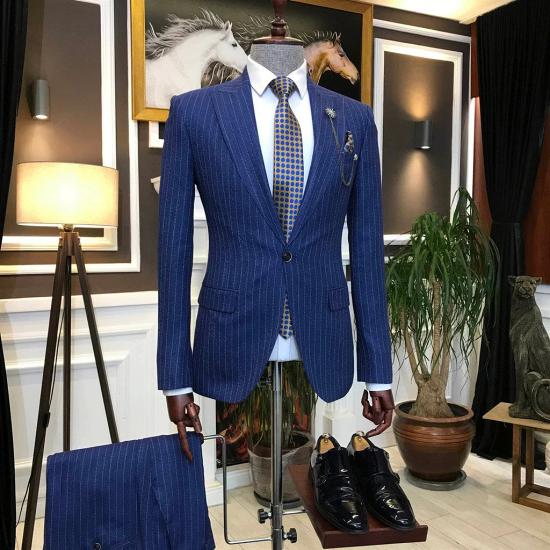 Modern Blue Herringbone Striped Mens One Button Two Piece Suit_2