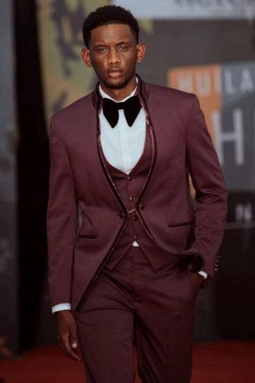 Handsome Burgundy Shawl Lapel Three Pieces Wedding Suit With Velvet Binding_1