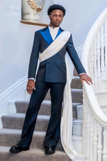 Black Double Breasted Tuxedo With Blue Satin Lapel And White Sash Custom Formal Suit For Wedding Prom Gala_2