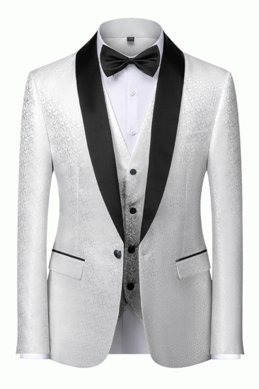 Gentle Black and White Mens Wedding Tuxedos | Satin Shawl Lapel Jacquard Prom Suits