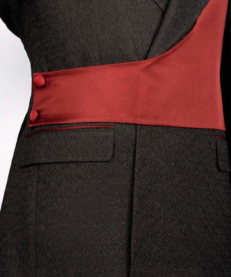 Slim Black Jacquard Notched Lapel Prom Suits With Red Crossover Satin Panel_3